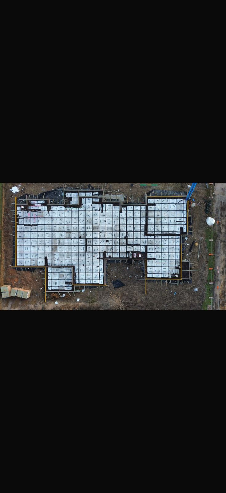 Aerial view of large commercial slab formwork and reinforcement