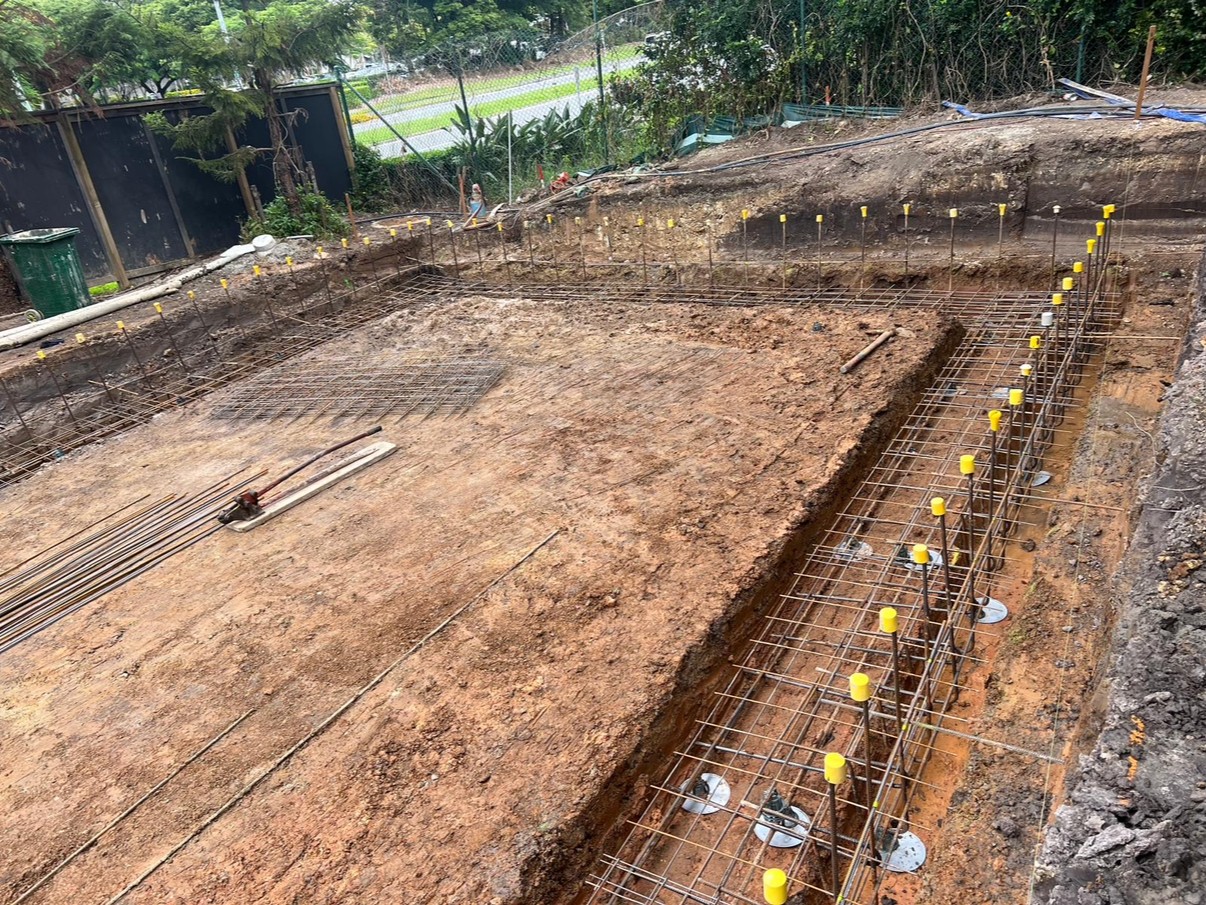 Reinforcement steel and pier cages ready for a slab pour