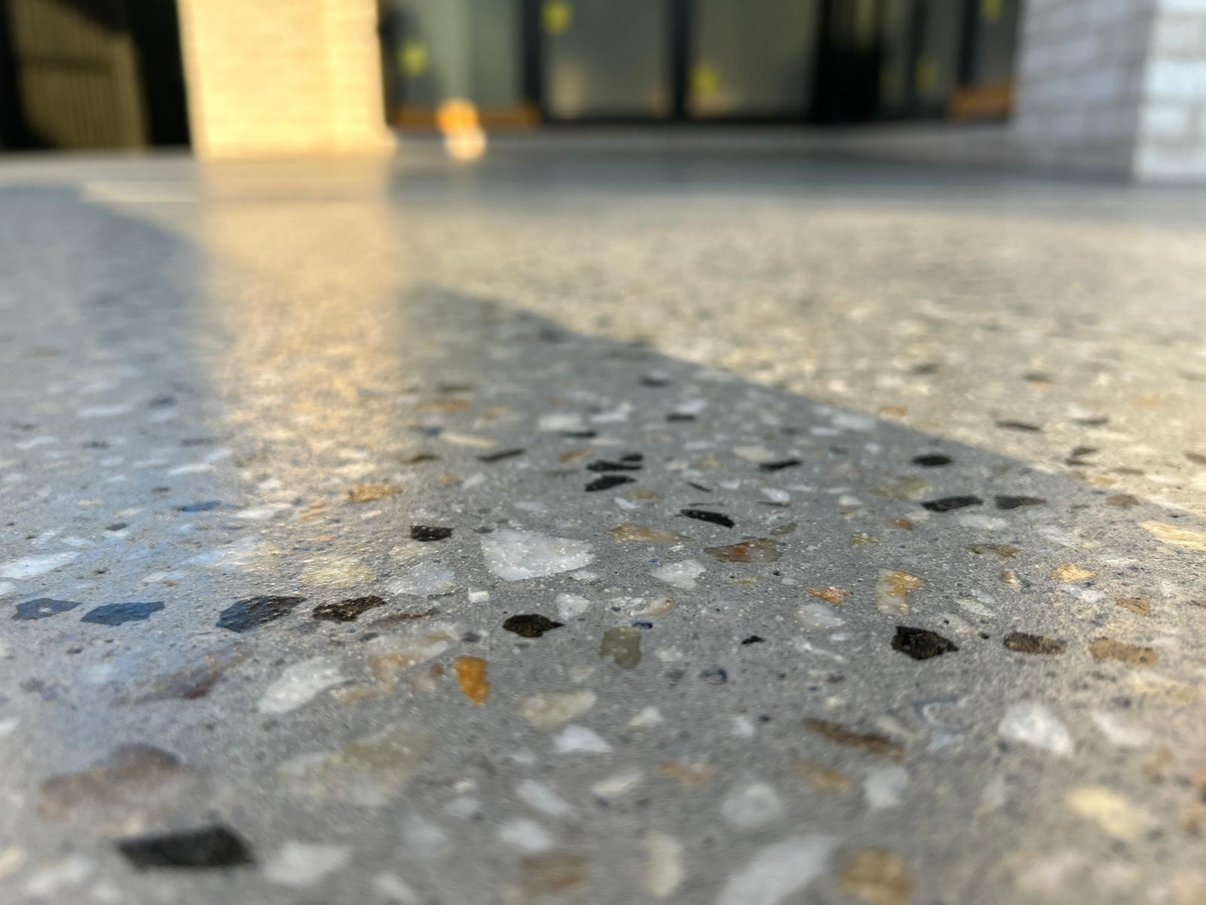 Close-up of a polished exposed aggregate concrete finish